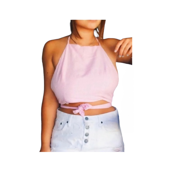 Women's One Way Gigham Print Pink Crop Halter Top Tie Back Size S *MSRP $84* - Picture 1 of 5
